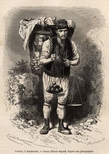 Fruitier, een rondreizende koopman van vers fruit, met zijn transportkap en draagbare weegschaal op zijn rug, in Roustchouk (Roemenië), gravure naar de tekening van Emile Bayard, ter illustratie van de reis naar Bulgarije, door Guillaume Lejean, in 1867, g