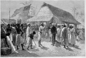 Ontmoeting tussen Sir Henry Morton Stanley (1841-1904) en David Livingstone (1813-1873), in "Le Tour du Monde"