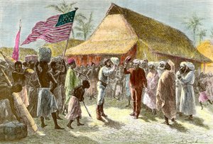 Ontmoeting in Ujiji aan de oevers van het Tanganyikameer tussen Henry Morton, een ontdekkingsreiziger en journalist uit Wales (1841-1904) en David Livingstone, een Schotse missionaris en ontdekkingsreiziger van het Afrikaanse continent (1813-1873), op 10 n