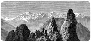 Bergtop genaamd Pierre a Voir nabij de baden van Saxon in de Zwitserse Alpen. Illustratie door Emile Bayard voor het boek 
