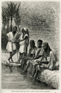 Negers en negerinnen van de Sahara, aan de oevers van de Oued Rihr. Gravure door E.Bayard, ter illustratie van de Algerijnse Sahara, door V.Largeau, in 1874-1878, gepubliceerd in de Tour du monde, onder leiding van Edouard Charton (1807-1890) door Emile Antoine Bayard