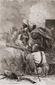 Noord-Afghaanse rebellen vechten tegen de Britten in de bergen van Hazara, Pakistan, tijdens de Britse overheersing, 1878 door Emile Antoine Bayard