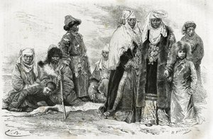 Arme en rijke Kirgizische vrouwen. Gravure door Emile Bayard, ter illustratie van reisindrukken van Orenburg naar Samarkand, door Marie de Ujfalvy-Bourdon, tussen 1876 en 1878, in de Tour du monde, onder leiding van Edouard Charton door Emile Antoine Bayard