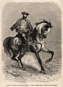 Portret van de auteur, op zijn rijdier, gekleed in zijn reiskostuum, gravure naar een tekening van Emile Bayard ter illustratie van het verhaal over de woestijn van Acatama en Caracoles (Zuid-Amerika), door ingenieur A.Bresson, 1870-1874, gepubliceerd in 