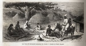Voorbereiding van ivoor, voor een Turkse handelaar, Oeganda, tekening door Emile Bayard (1837-1891), ter illustratie van de ontdekkingsreis van Kapitein Speke in Afrika van 1860 tot 1863. Gravure in "Le tour du monde", uitgegeven door Edouard Charton door Emile Antoine Bayard