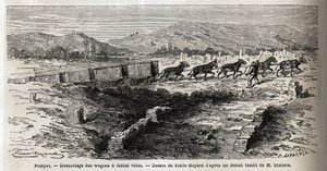 Heropbouw van lege wagons tijdens de opgravingen van 1864 in Pompeii, tekening door Emile Bayard (1837-1891), ter illustratie van de tekst van Marc Monnier (1829-1885) 