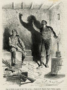 Sir Henri Morton Stanley (1841-1904) en Franck Pock, zijn reisgenoot, beslissen een route door kop of munt, tekening door Emile Bayard, ter illustratie van het verhaal "Door het mysterieuze continent" (Equatoriaal Afrika), een reis c door Emile Antoine Bayard