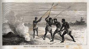 Sorghum drummers, in de ounyamouezi (Grote Meren regio, Afrika), tekening door Emile Bayard (1837-1891), ter illustratie van Kapitein Speke