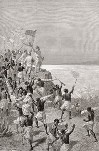 Stanley en zijn expeditie zien voor het eerst Tanganyika, Oost-Afrika, in 1872, illustratie uit 