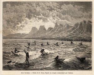 Surfen, de favoriete Hawaiiaanse sport, hier door vrouwen, in balans, staand of zittend, op het bord, op de top van de golven, die hen terug naar het strand brengen, gravure naar de tekening van Emile Bayard, illustrerend de reis naar de Sandwich-eilanden door Emile Antoine Bayard