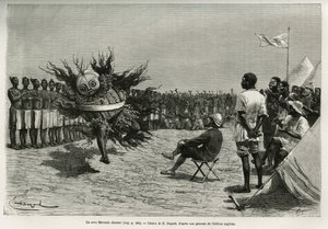 De Sova Mavanda (koning), omringd door zijn mannen die een eentonig lied psalmodiëren, dansend voor de majoor. Gravure door Emile Bayard, ter illustratie van het verhaal hoe ik Afrika heb doorkruist, van de Atlantische Oceaan tot de Indische Oceaan, door m door Emile Antoine Bayard