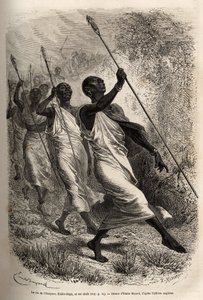 De aankomst van Kabba Rega, koning van de Ounyoro (oostelijk Soedan) en de hoofden van zijn hof, bij het kamp van Sir Baker voor een officieel bezoek, gegraveerd naar een tekening van Emile Bayard, illustratie van een expeditie in Centraal-Afrika door Emile Antoine Bayard