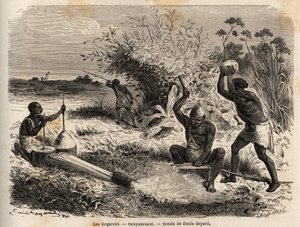 De smeden, in de ounyamouezi (Grote Meren regio, Afrika), tekening door Emile Bayard (1837-1891), ter illustratie van de ontdekkingsreis in Afrika, van 1860 tot 1863 van kapitein Speke. Gravure in "Le tour du monde", uitgegeven door Edouard Charton door Emile Antoine Bayard