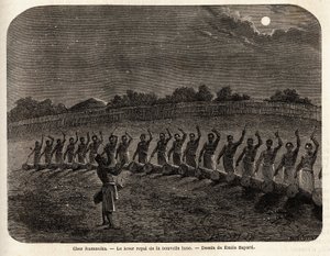 De ceremonie van de trommels voor de opkomst van de nieuwe maan, aan het hoofd van de stam Rumanika, in Karague (westelijk van het Victoriameer, in het huidige Zimbabwe), tekening door Emile Bayard (1837-1891), ter illustratie van de ontdekkingsreis van Ka door Emile Antoine Bayard