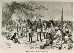 De brutale dragers van de expeditie aan de ketting gelegd, tekening door Emile Bayard, ter illustratie van het verhaal: Door Afrika, van Zanzibar (Tanzania) naar Benguela (Angola), van 1872 tot 1876, door Luitenant V.H.Cameron. Gravure in Le tour du monde door Emile Antoine Bayard