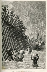 De oversteek van de Lovoi rivier (of rivier van de duivel) (Katanga regio, Congo) door de expeditie, tekening door Emile Bayard, ter illustratie van de reis door Afrika, van Zanzibar (Tanzania) naar Benguela (Angola), van 1873 tot 1876, door Britse command door Emile Antoine Bayard