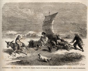 De zeilkruiwagen, vervoerssysteem gebruikt in Noord-China, tekening door E.Bayard, ter illustratie van de reis van Shanghai naar Moskou door Emile Antoine Bayard