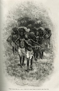 Troep jonge meisjes met manden vol voedsel voor de bevoorrading van S. Pinto en zijn mannen. Gravure door Emile Bayard, ter illustratie van het verhaal hoe ik Afrika doorkruiste, van de Atlantische Oceaan tot de Indische Oceaan, door Majoor Serpa Pinto, in