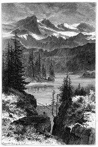 Uitzicht op de Alpen: bos, meer, pieken. Illustratie door Emile Bayard voor het boek Les Montagnes van Albert Dupaigne, editie Mame 1881