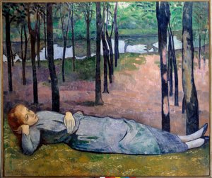 Madeleine (1871 - 1895) in het bos van liefde. Portret van een angstaanjagende vrouw liggend in een bos