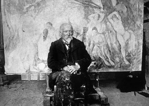 Paul Cezanne (1839-1906) Franse schilder in 1904 voor een van zijn doeken met zwemmers (zwart-wit foto)