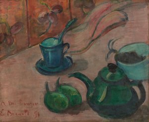Stilleven met theepot, kopje en fruit door Emile Bernard