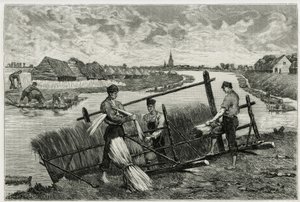 De roest van vlas (maceratie om de scheiding van de schors van de stengel te vergemakkelijken) in de Lys (rivier in het noorden van Frankrijk en België). Gravure door Emile Claus, ter illustratie van het verhaal "La Belgique", door Camille Lemonnier, schri door Emile Claus
