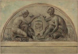 Schets voor het fronton van de schoolgroep van Alfortville: De Seine en de Marne omlijsten het wapen van Alfortville, in 1898 door Emile Delbos