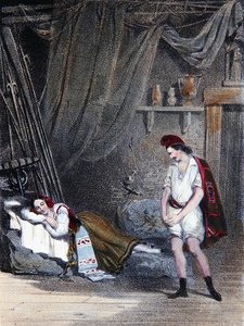 Scène die het stomme meisje Fenella slapend in een hut met haar broer Masaniello uitbeeldt: act IV uit de opera 