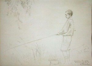 Jonge jongen aan het vissen door Emile Friant