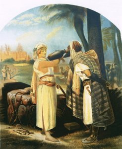 Rebekka geeft de dienaar een drankje door Emile Jean Horace Vernet
