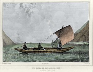 Een Balsa of een vlot op het Titicacameer (Bolivia). Lithografie door Emile Lassalle (1813-1871) - in “Voyage dans l