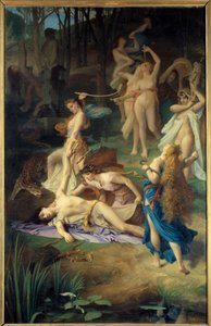 De dood van Orpheus. De Bacchanten verscheuren Orpheus in stukken. door Emile Levy