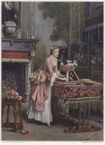 Een vrouw die een vaas met bloemen op een tafel plaatst door Emile Pierre Metzmacher