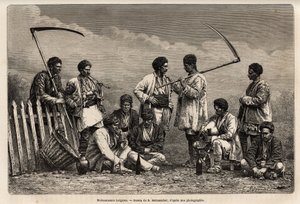 De Bulgaarse oogsters tijdens hun pauze, met hun zeis en de voorwerpen van hun dagelijkse arbeid: pijp, fles wijn en een soort doedelzak, gravure naar de tekening van E. Metzmacher, ter illustratie van de reis naar Bulgarije, door Guillaume Lejean, 18 door Emile Pierre Metzmacher