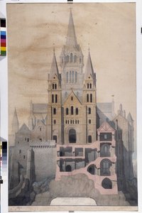 Gotische architectuur: gevel van de kerk en doorsnede van abdijhuizen. Tekening van het Gemeentemuseum van Avranches (Manche) door Emile Sagot