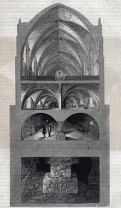 Doorsnede van het Napoleon-lyceum in Parijs (tegenwoordig Lycée Henri IV). Van boven naar beneden: de refter, de keuken, de kelders, de catacomben. Gravure door Therond. In 