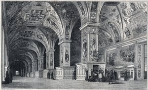 Interieur van de Vaticaanse bibliotheek in de 18e eeuw. Gravure door Therond naar een tekening van Francois Pannini door Emile Theodore Therond