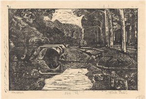 Brug over een gracht in een bos door Emilius Wilhelmus Dehé (signed by artist)
