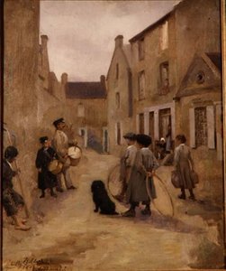 Kinderen spelen met hoepels op straat, Arromanches door Emily  Childers