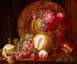 Chrysanten, fruit en bord