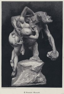 Gorilla ontvoert een vrouw (gravure) door Emmanuel (after) Fremiet