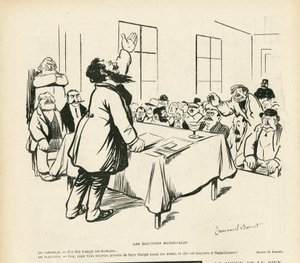 Illustratie van Emmanuel Barcet in Le Rire, 09/05/08 - Gemeenteraadsverkiezingen - Verkiezingen, Politieke bijeenkomst, bijeenkomst, verkiezingsbijeenkomst, gemeenteraadsverkiezingen