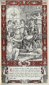Ballet in het kasteel van Fontainebleau waarbij de dames van het hof van koning Hendrik II elk een wetenschap of kunst vertegenwoordigen. Gravure van 1914 door Emmanuel Blanche. Privécollectie door Emmanuel Blanche
