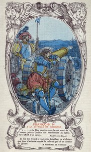 De koning van Frankrijk François I bij de Slag bij Marignano op 13 en 14 september 1515. Gravure van 1914 door Emmanuel Blanche. Privécollectie door Emmanuel Blanche