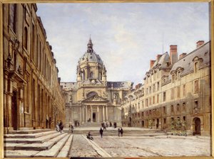 Het hof van de oude Sorbonne in Parijs. Schilderij door Emmanuel Lansyer (1835-1893)