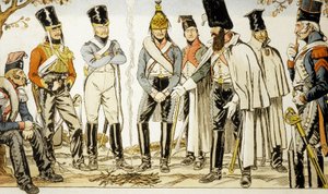 Franse Leger 1810 van links naar rechts paard-leger lansier Huzaren-ruiter Dutrain Draak