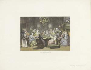 Gezelschap aan tafel bezig met palmknopen