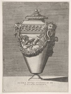 Antieke urn met deksel versierd met een motief van diamanten ringen en leeuwen, uit Vazen ..., 1543 of later door Enea Vico