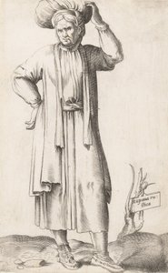 Kostuumplaat: Hispania Rustica met wasgoed op het hoofd, ca. 1557-58 door Enea Vico